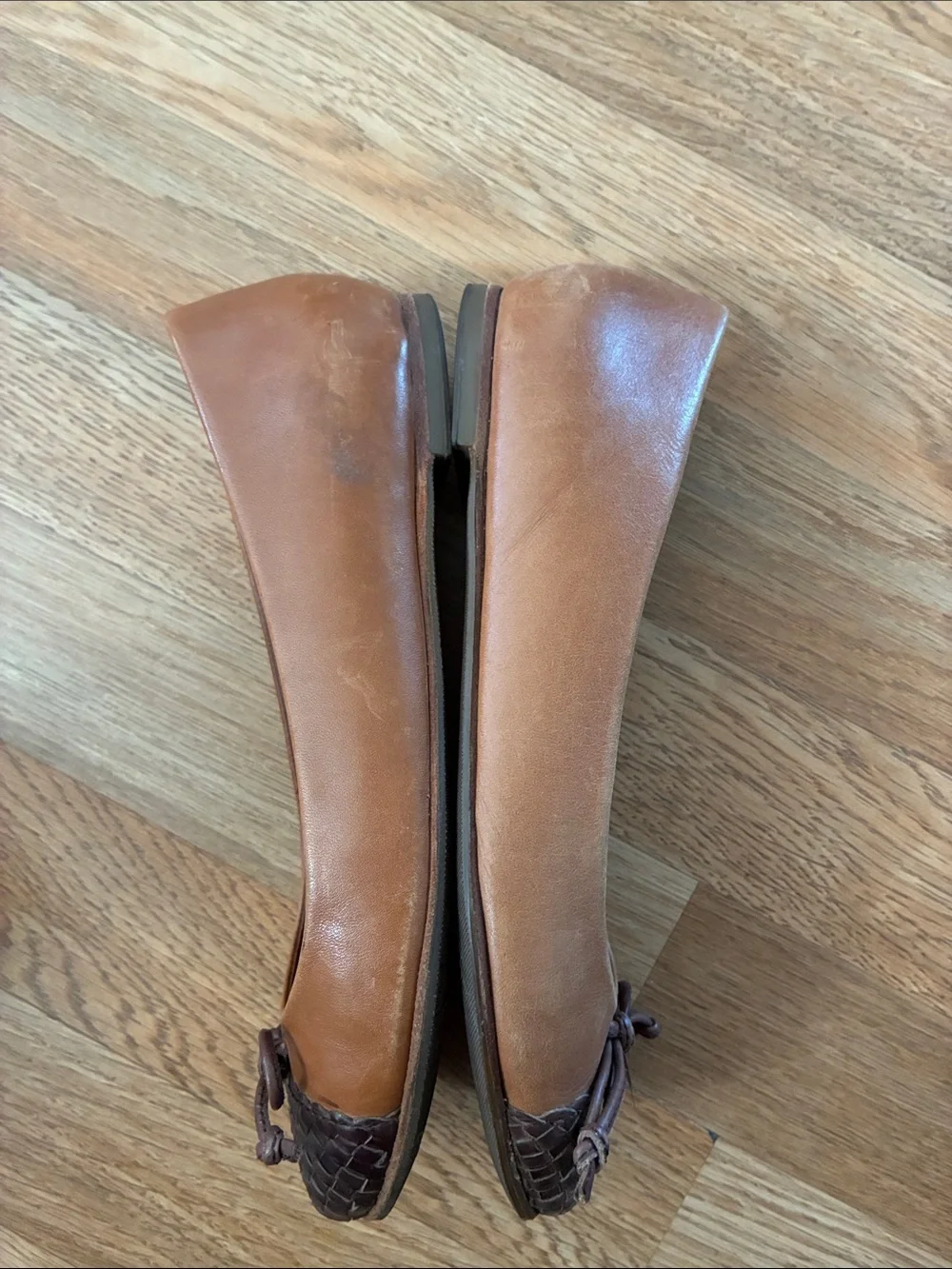 Cole Haan Tan Leather Ballet Flats with Dark Brown Woven Toe